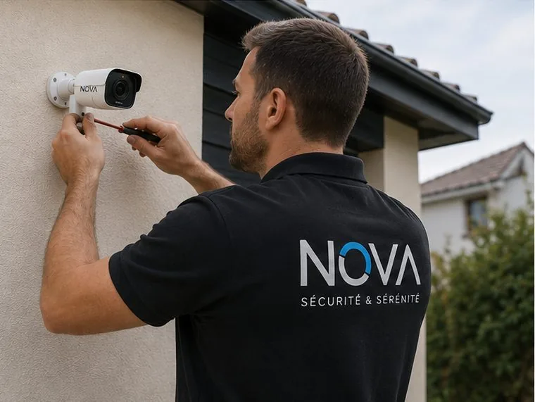 Installateur NOVA posant une caméra